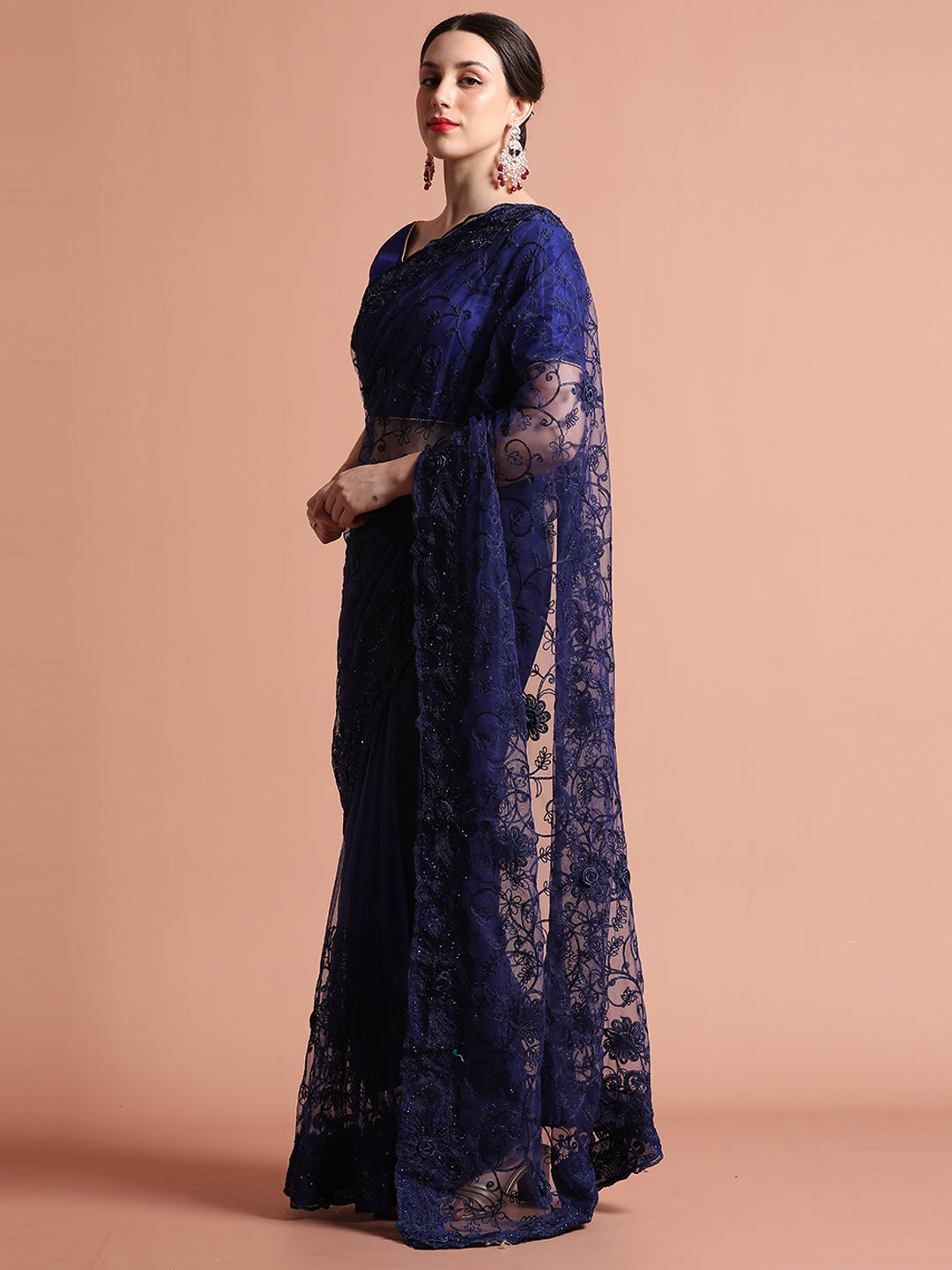 Navy Blue Embroidered Net Party Wear Saree