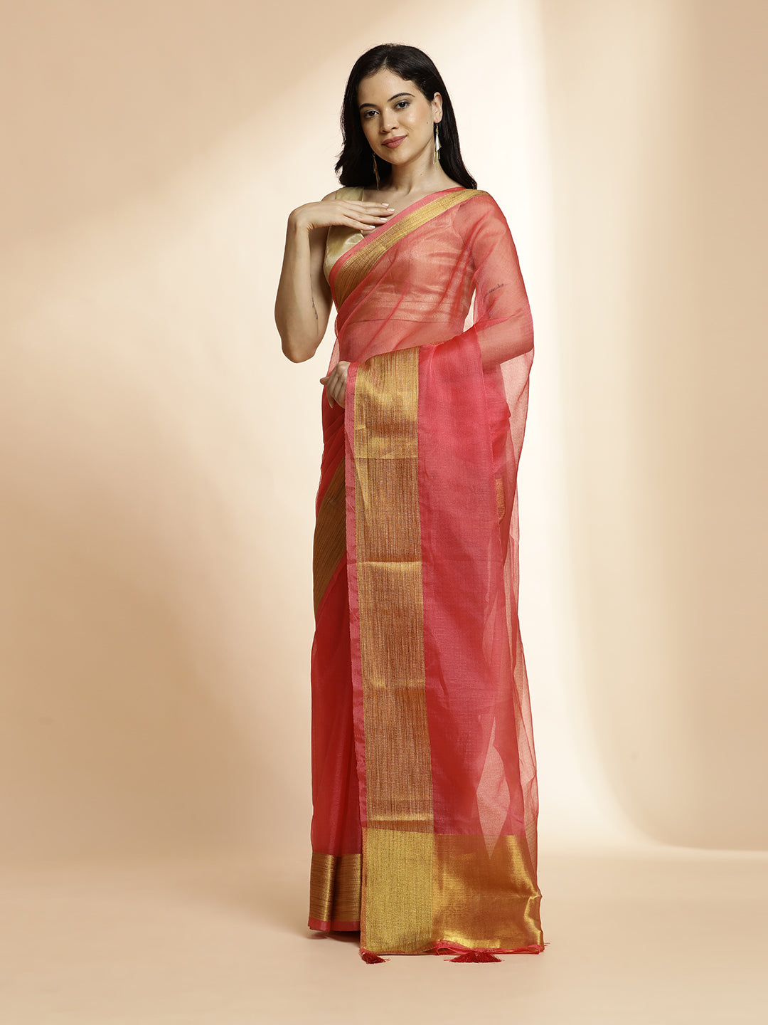 Pink Woven Khadi Organza Saree