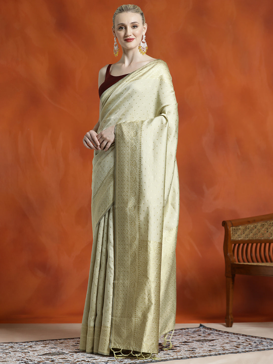 Beige Silk Banarasi Zari Woven Party Wear Saree