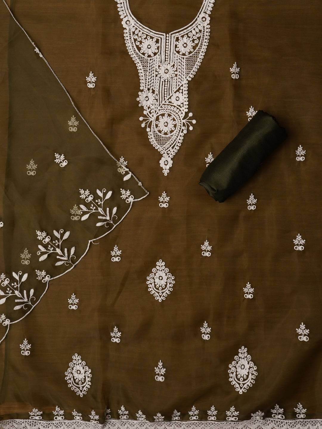 Mehandi Embroidered Organza Dress Material with Dupatta