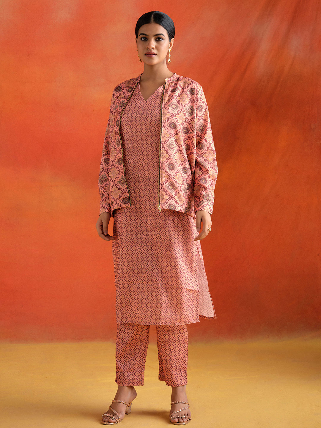 Dusty Peach Geometric Printed Kurta Set With Jacket Co-ord Set