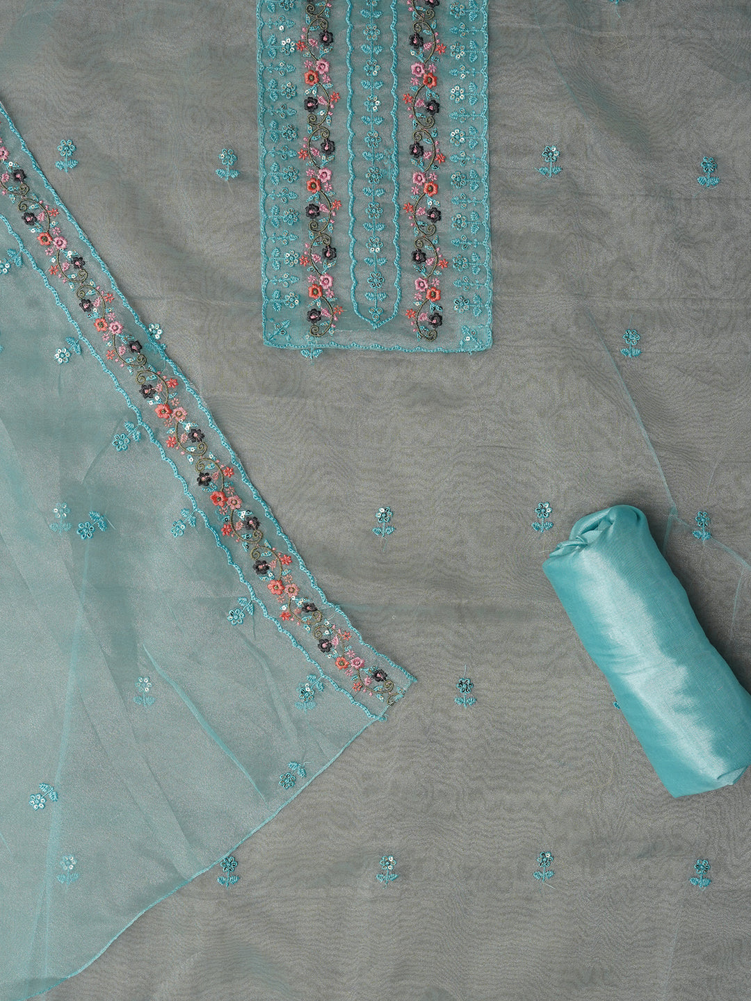 Unstitched Embroidered Sky Blue Organza Dress Material With Dupatta