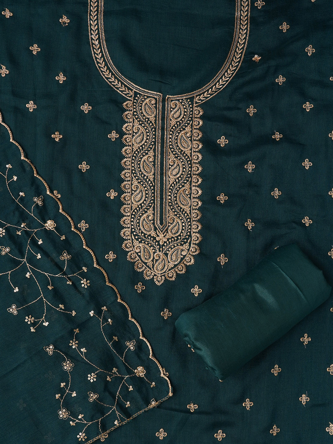 Teal Unstitched Embroidered Cotton Blend Dress Material With Dupatta