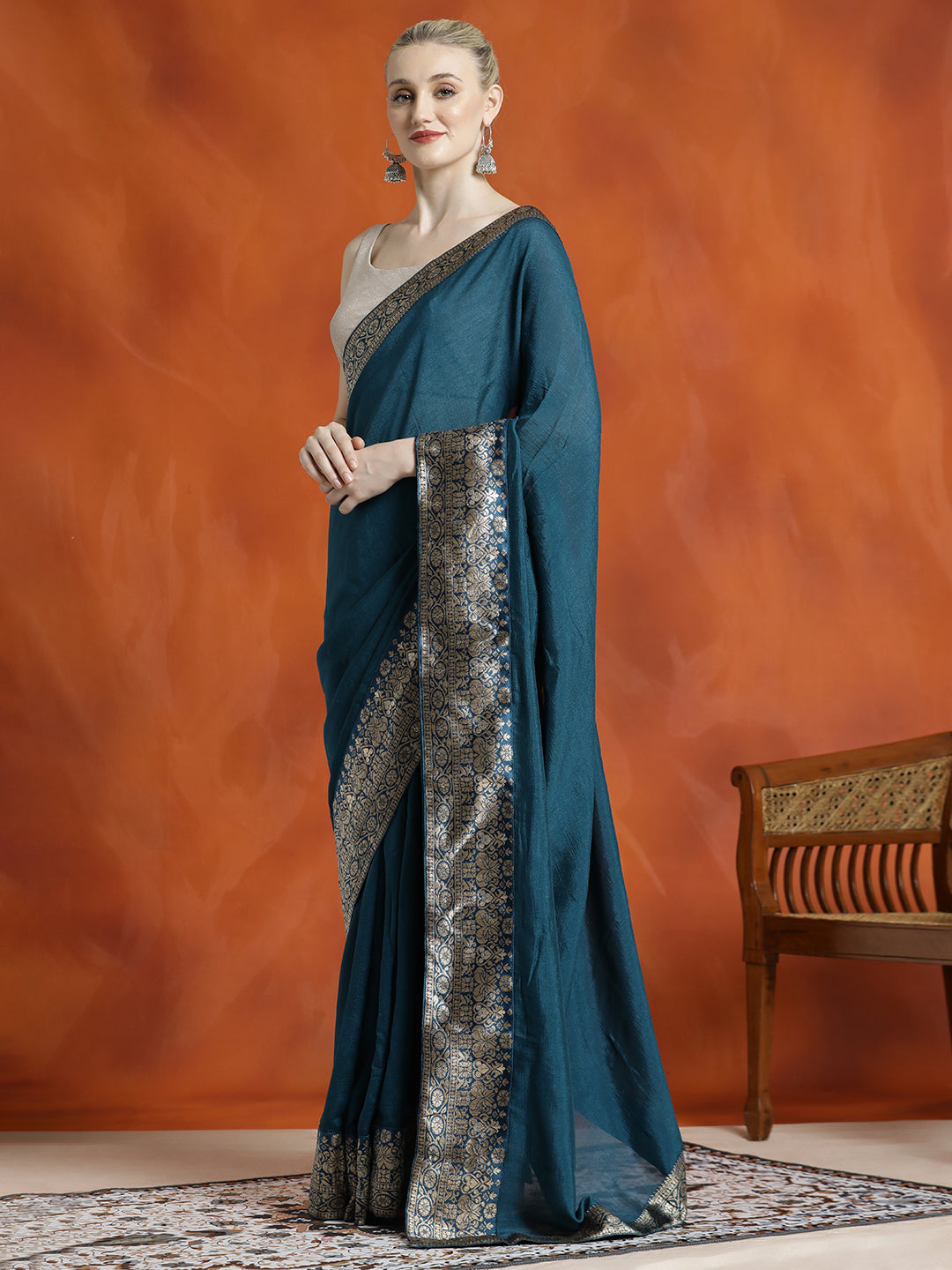 Teal Silk Blend Zari Woven Party Wear Saree