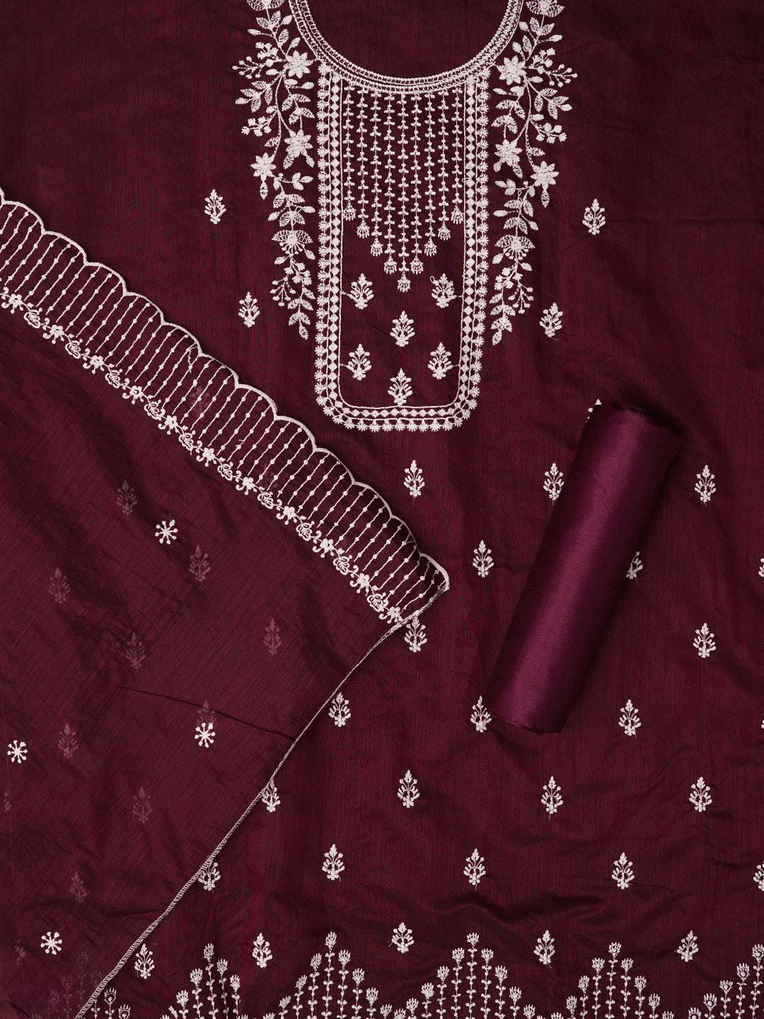 Unstitched Embroidered Cotton Blend Purple Dress Material With Dupatta