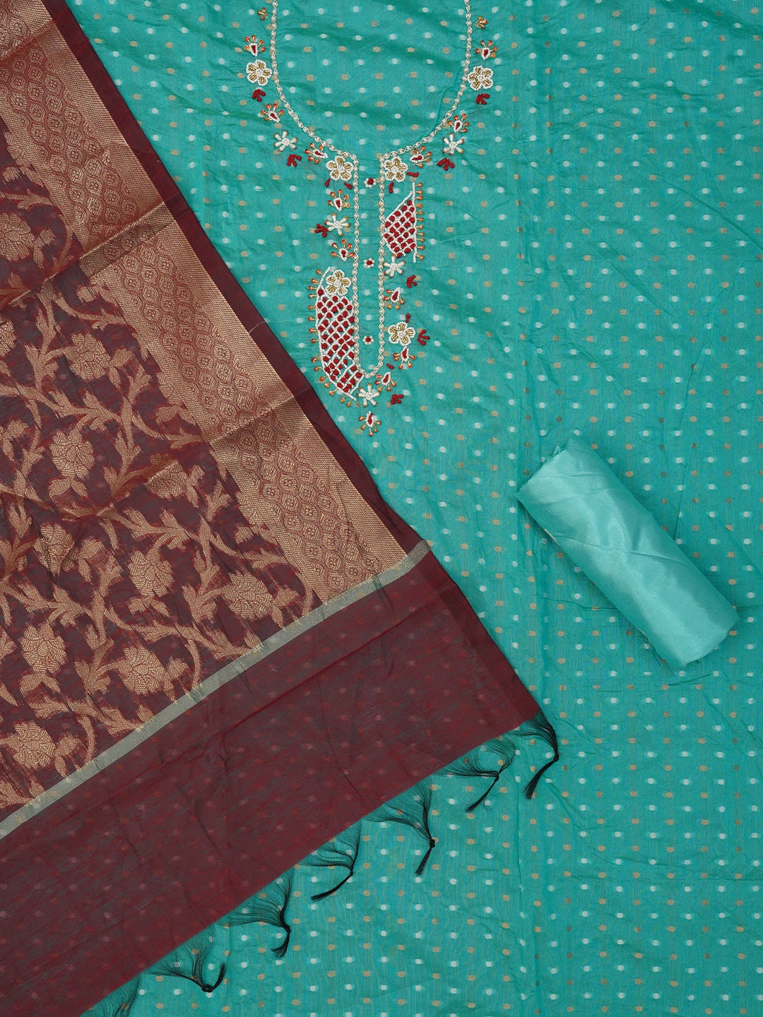 Green Unstitched Zari Embellished Cotton Blend Dress Material with Dupatta