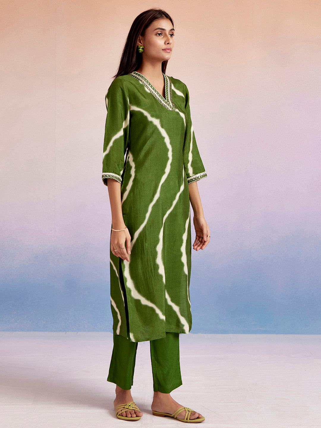 Olive Green Embroidered Leheriya Kurta Set