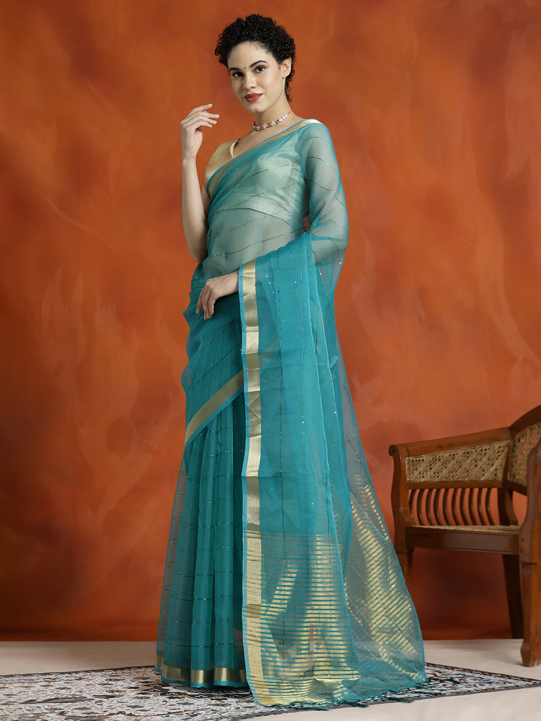 Teal Sequin Embellished Banarasi Organza Saree