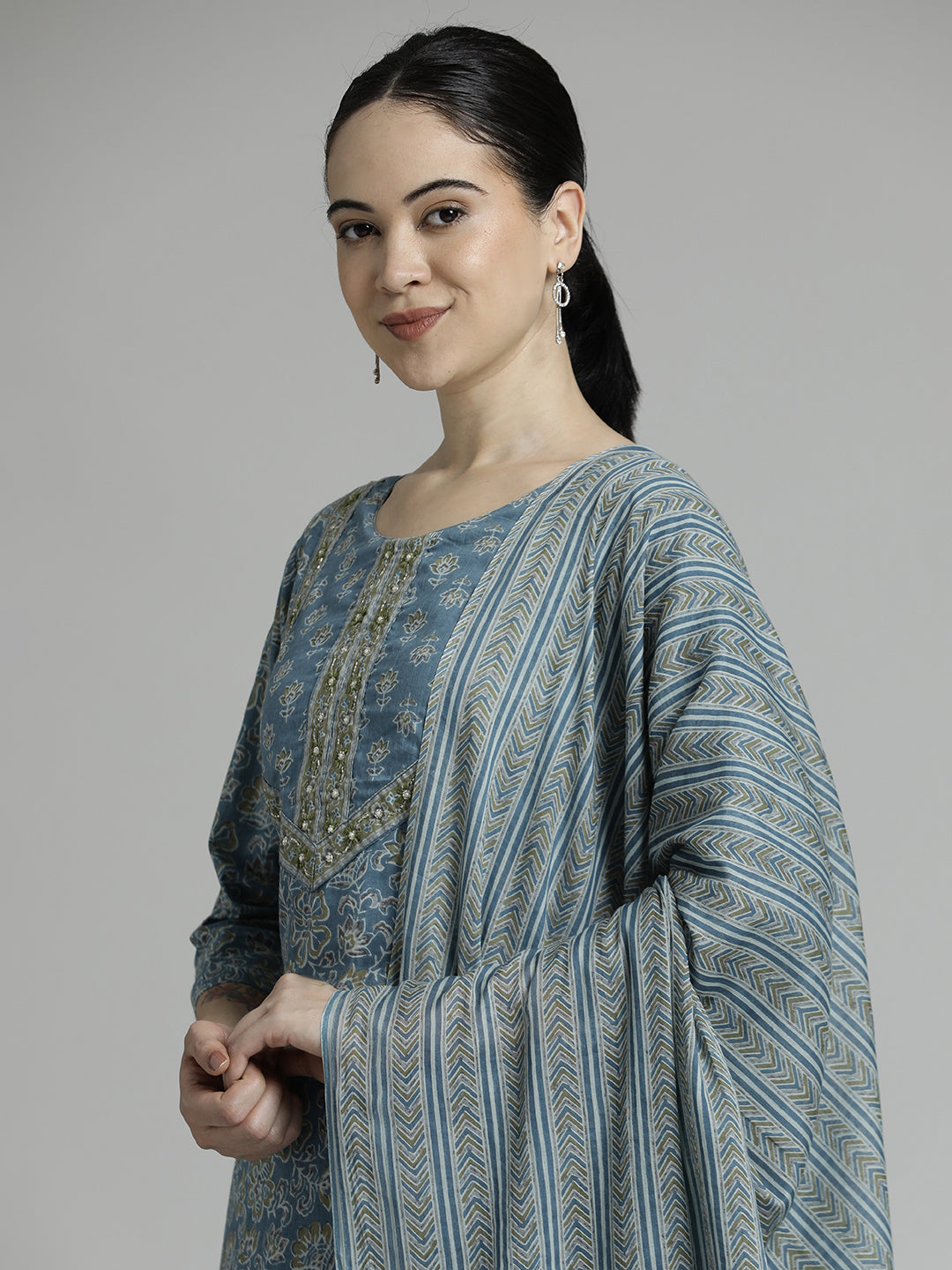 Ethnic Printed Cotton Kurta Set With Dupatta