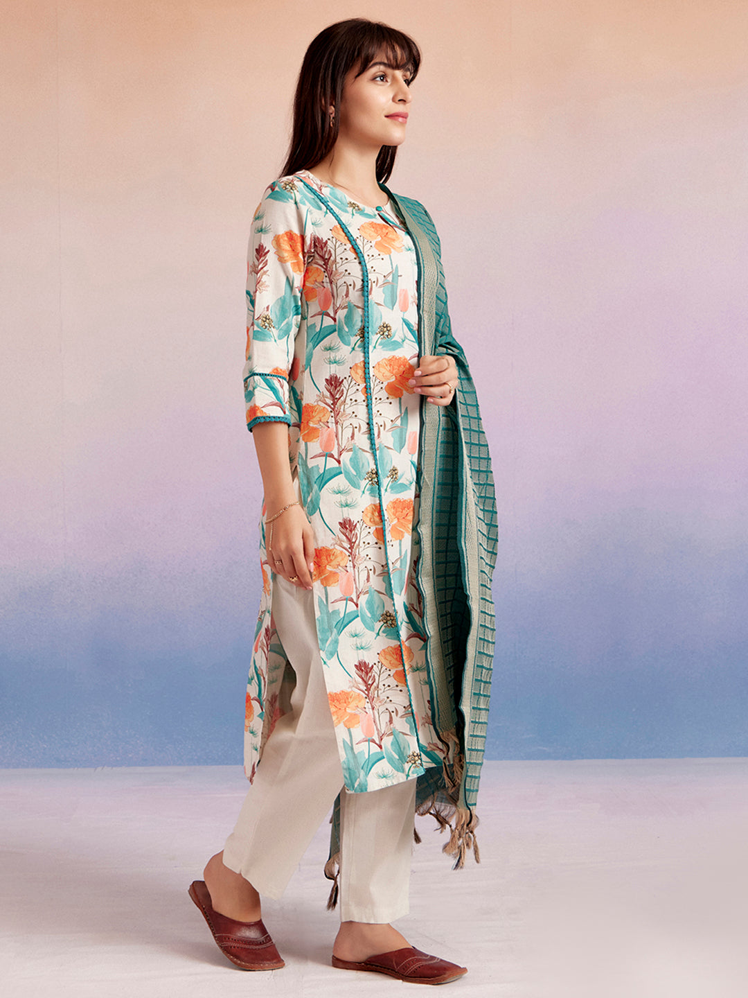 Turquoise Floral Cotton Straight Kurta Set With Dupatta