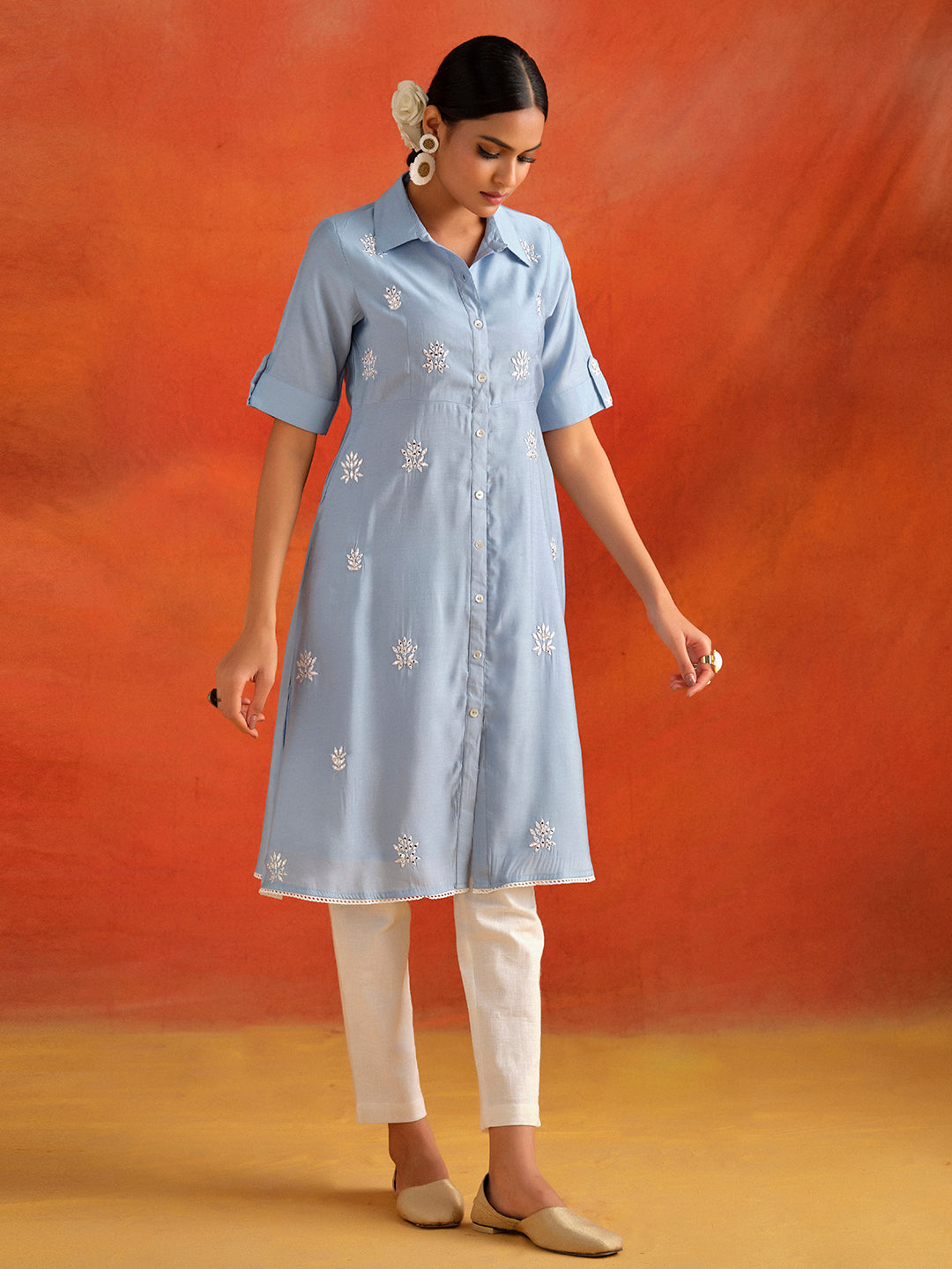 Blue Mirror Work Viscose Chanderi A-line Kurta