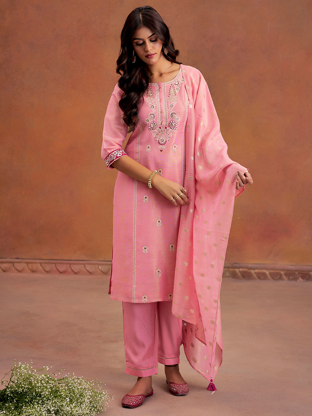 Pink Festive Zardozi Work Kurta Set With Dupatta