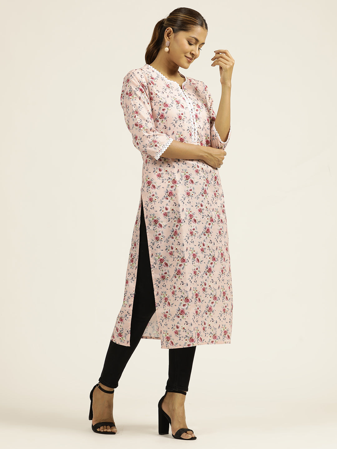 Light Pink Floral Printed Straight Kurta