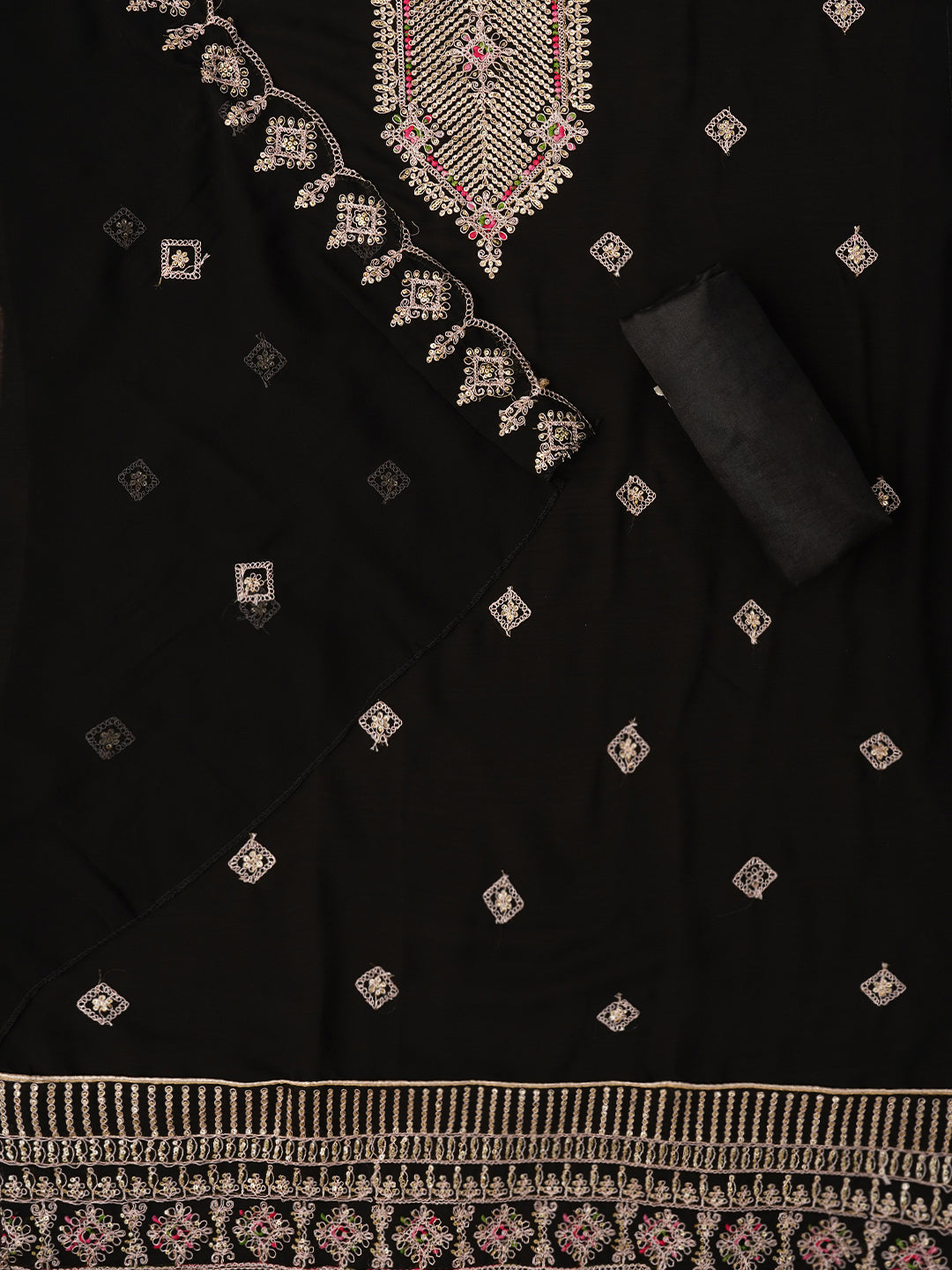 Black Zari Silk Georgette Dress Material with Dupatta