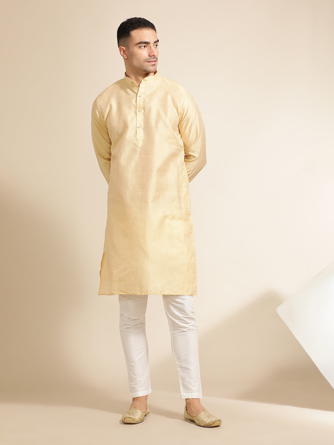 Silk Blend Beige Kurta With Woven Design Nehru Jacket Set