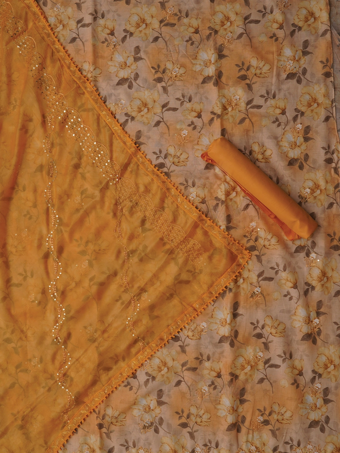 Yellow Floral Printed Embellished Cotton Dress Material with Dupatta