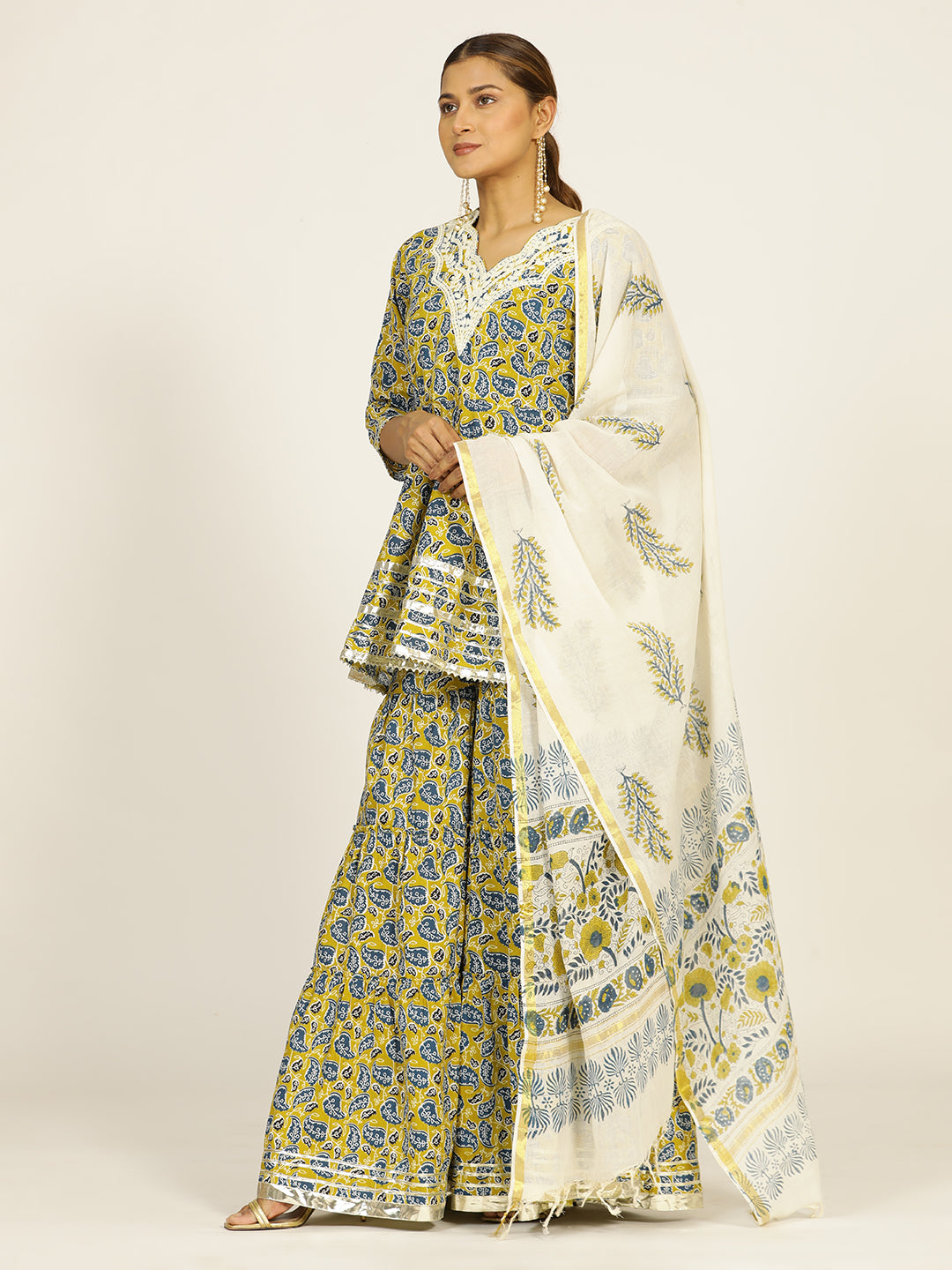 Mustard Handblock Pure Cotton Ethnic Printed Suit Set