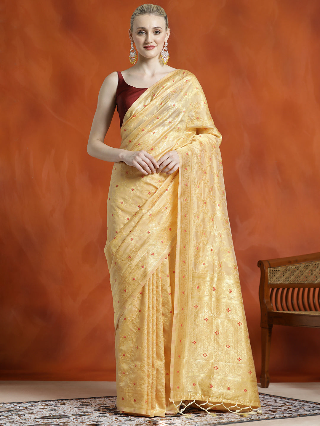 Beige Banarasi Zari Woven Silk Blend Saree