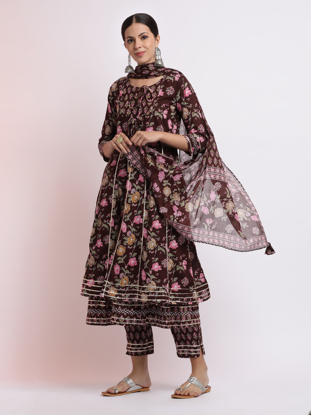 Brown Floral Printed Cotton Kurta Set With Dupatta