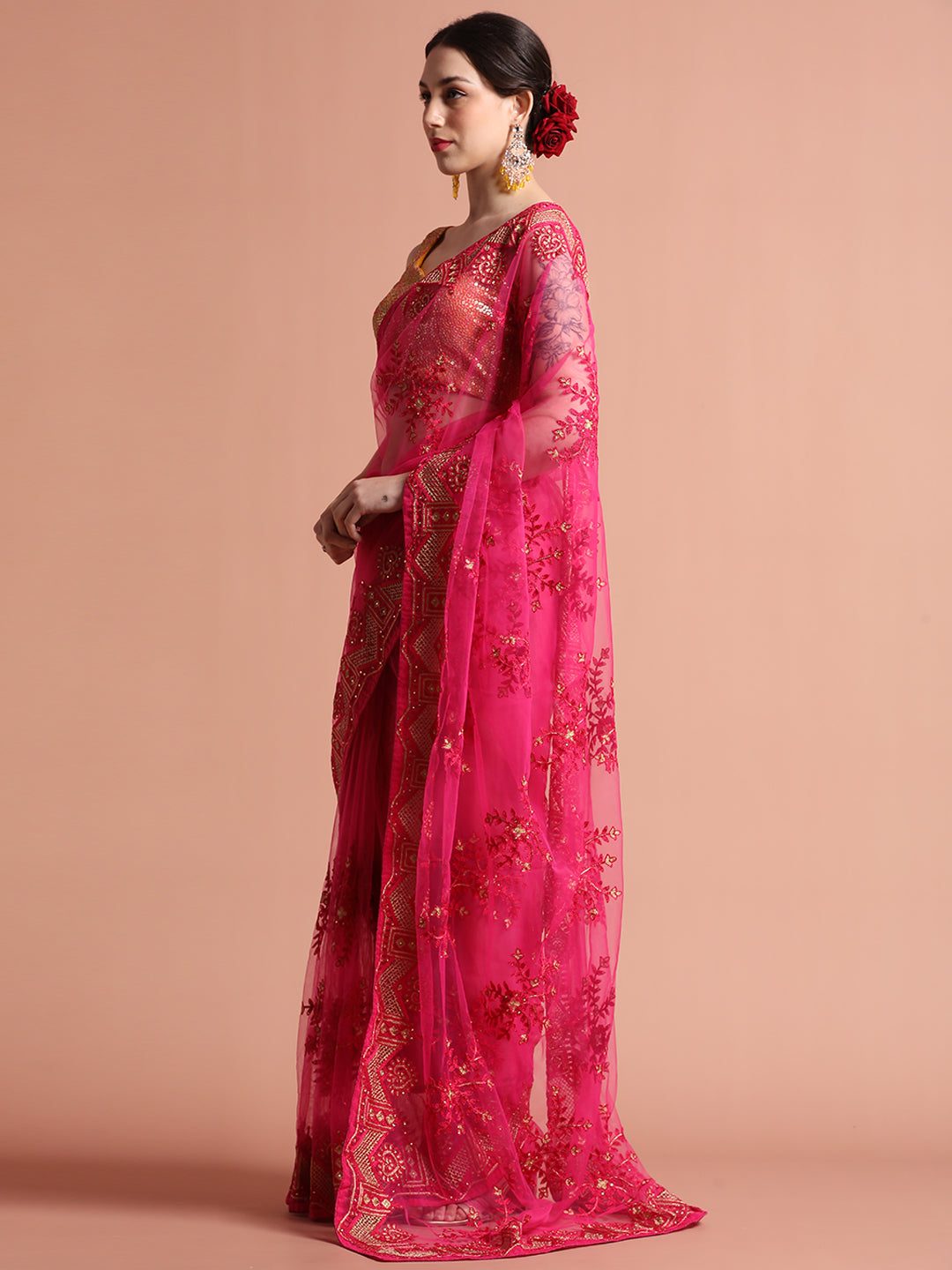 Pink Floral Embroidered Net Party Wear Saree