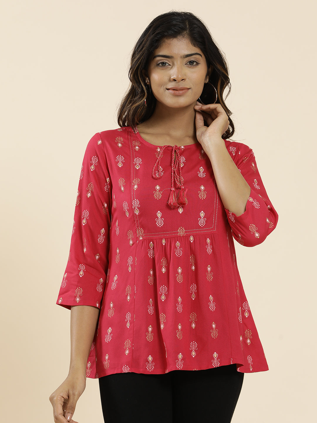 Fuchsia Ethnic Motif Printed Peplum Top