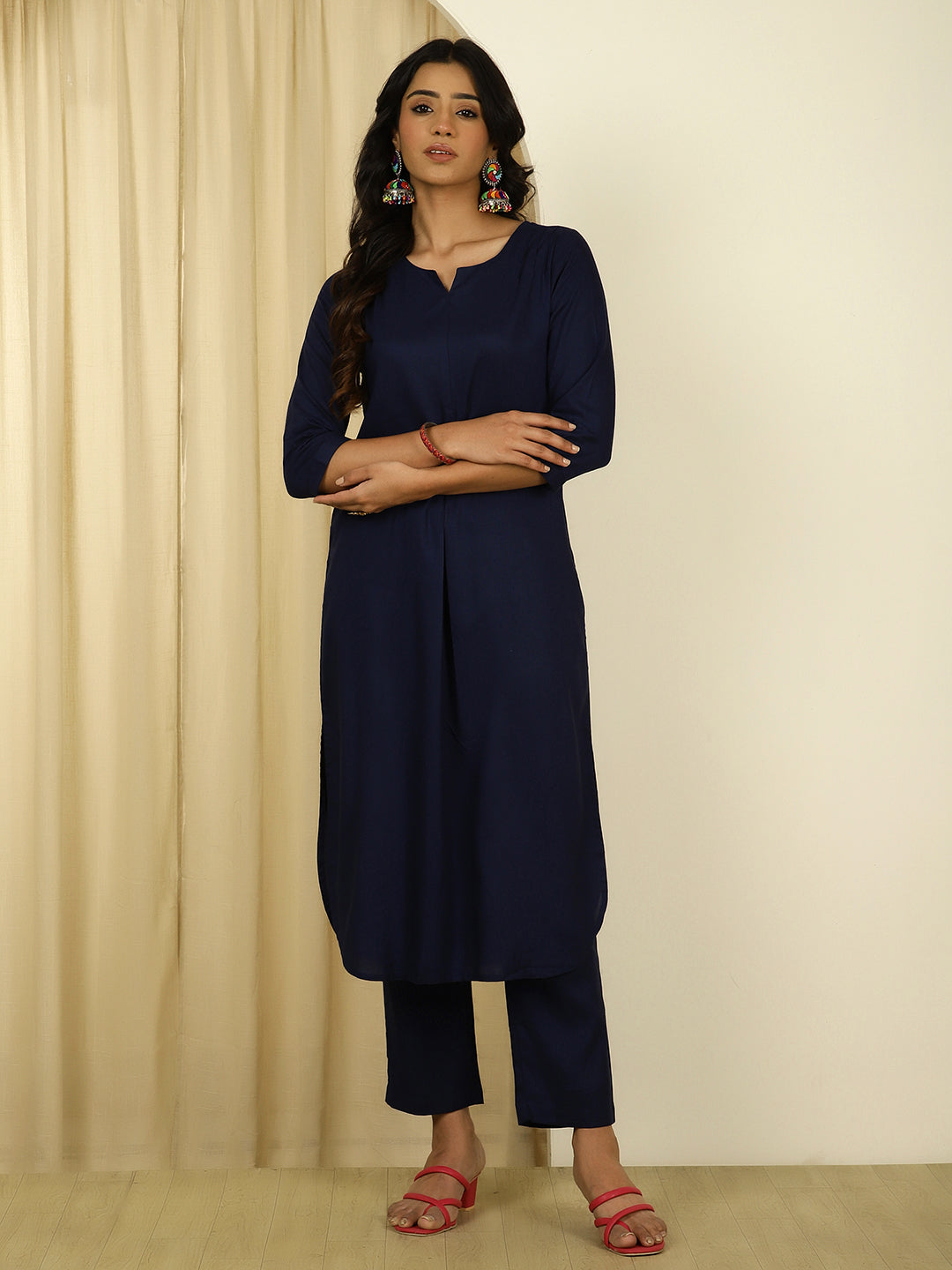 Navy Blue Pleated Straight Kurta With Pants