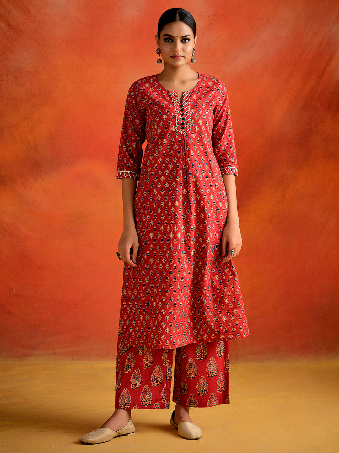 Rust Red Ethnic Motif Printed Straight Kurta With Palazzo