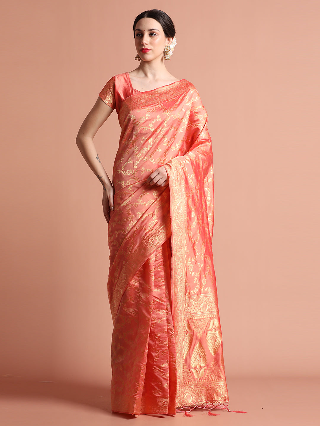 Rose Gold Silk Banarasi Zari Woven Heavy Saree