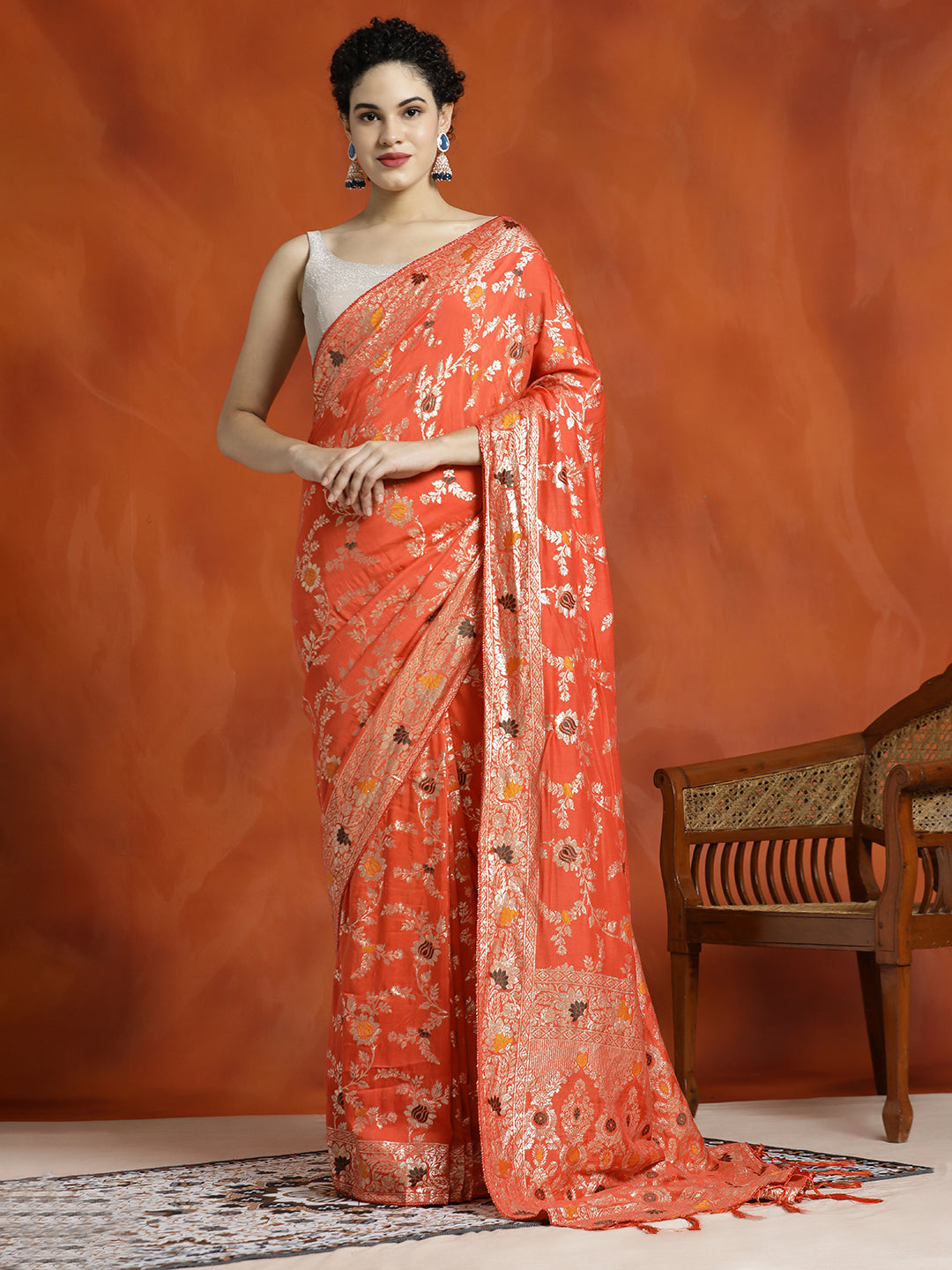 Orange Heavy Banarasi Zari Woven Silk Blend Saree