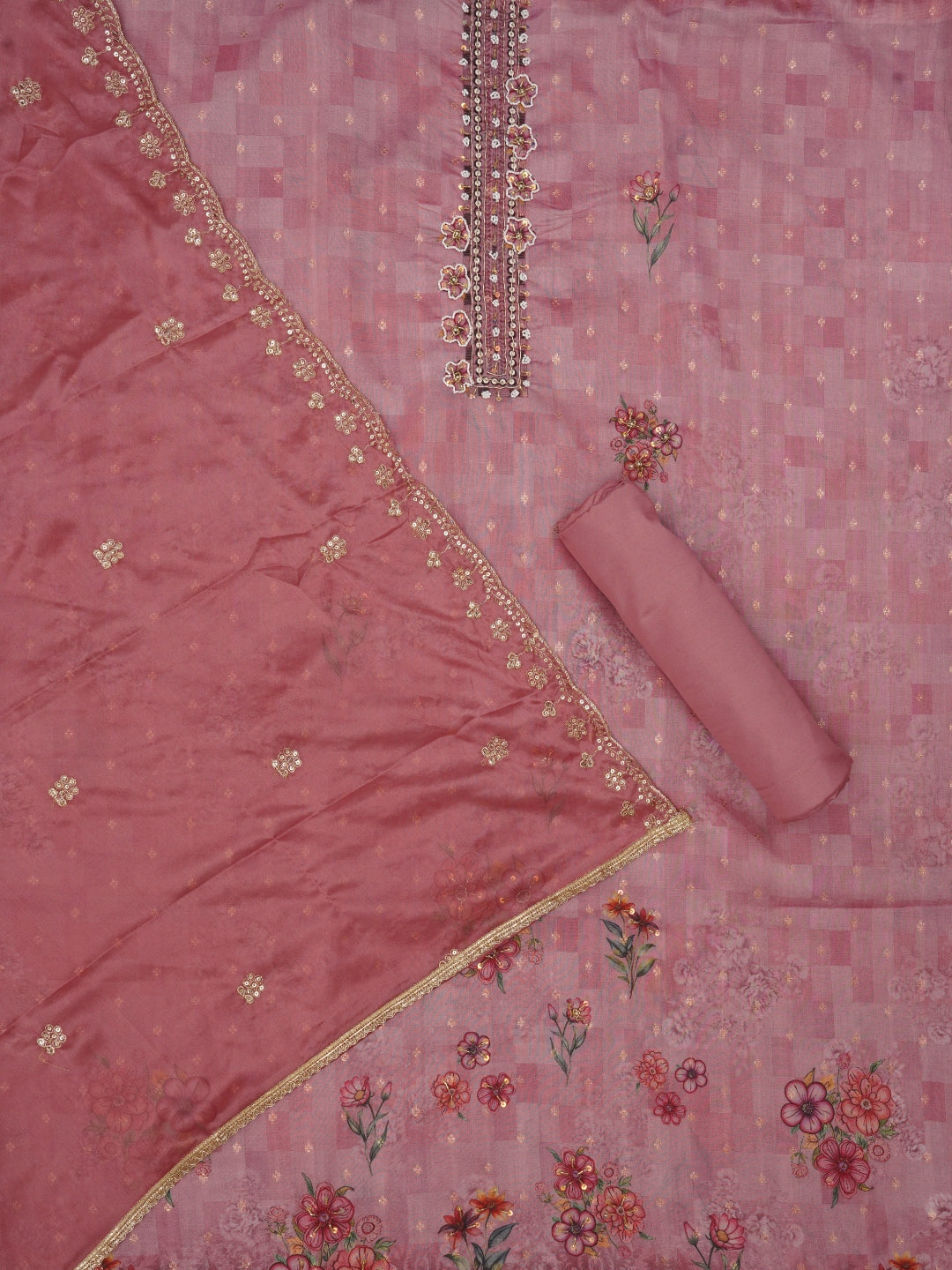 Pink Floral Printed Embellished Cotton Dress Material with Dupatta