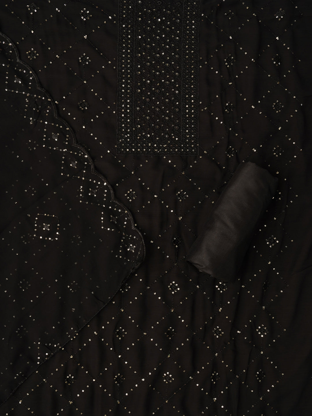 Black Sequin Embroidered Silk Georgette Dress Material with Dupatta