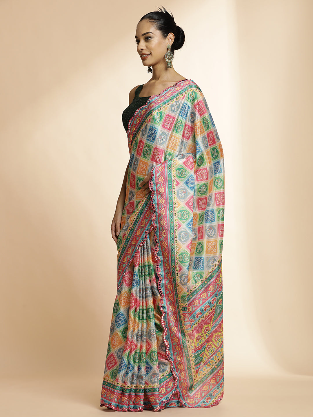 Multicolor Floral Printed Mirror Work Satin Saree