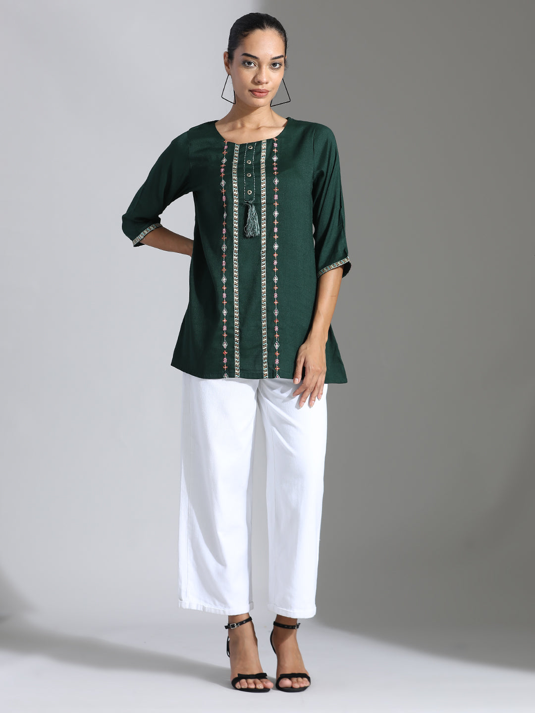 Bottle Green Embroidered Party Wear A-line Top