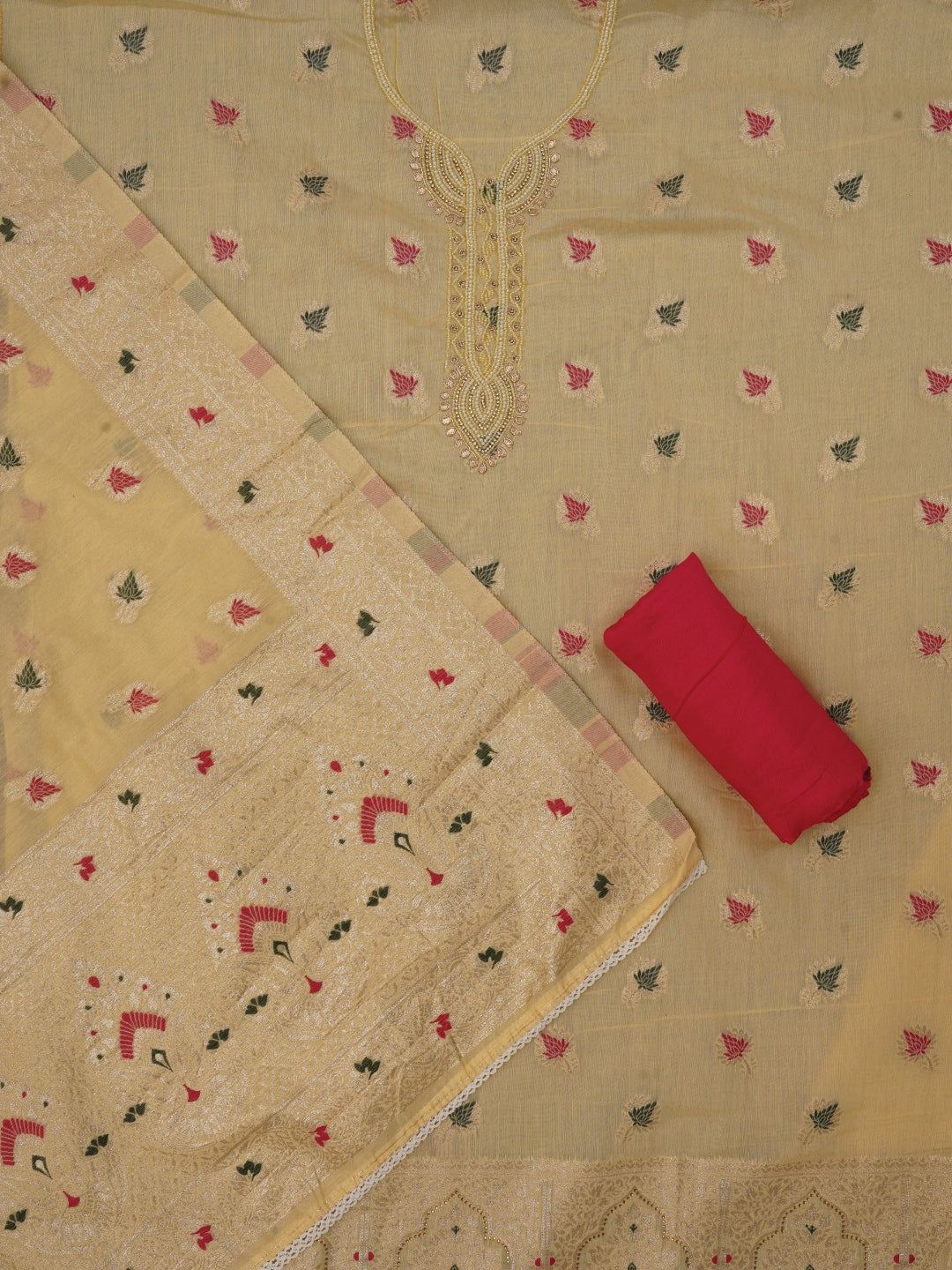 Light Yellow Zari Woven Cotton Blend Dress Material with Dupatta