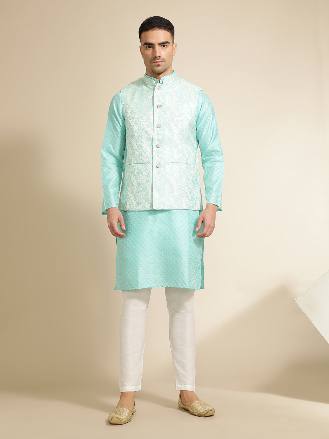 Sea Green Silk Blend Kurta With Woven Design Nehru Jacket Set