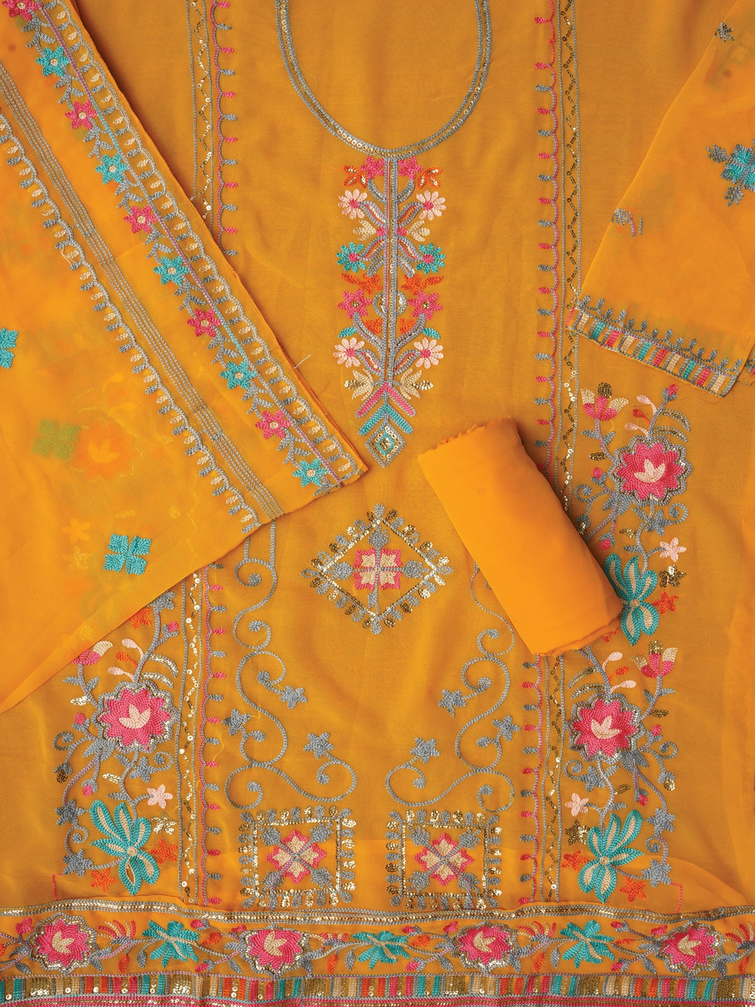 Yellow Sequin Embroidered Silk Georgette Dress Material with Dupatta