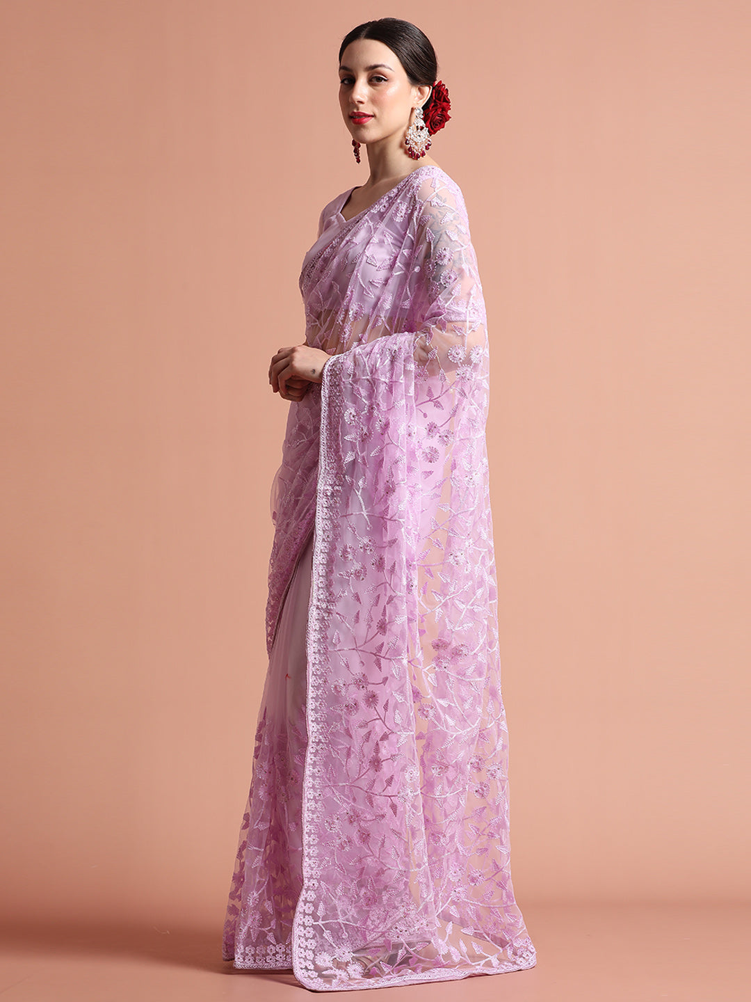 Party Wear Floral Lavender Embroidered Net Saree