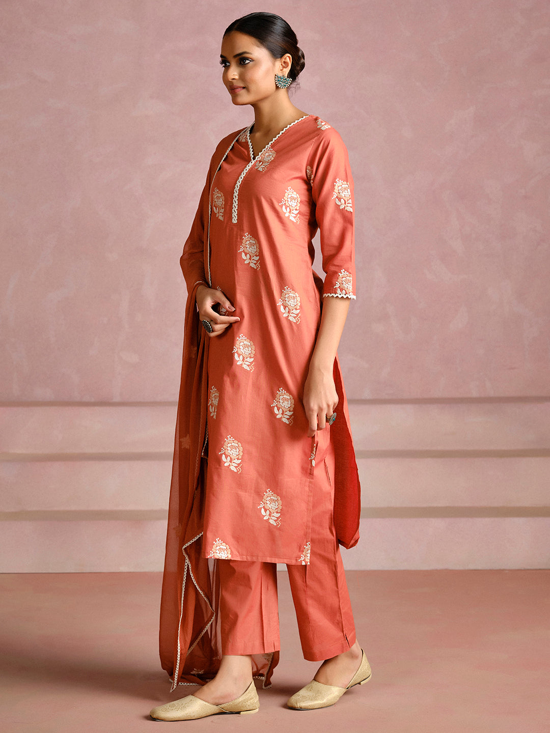 Rust Thread Embroidered Cotton Kurta Set With Dupatta