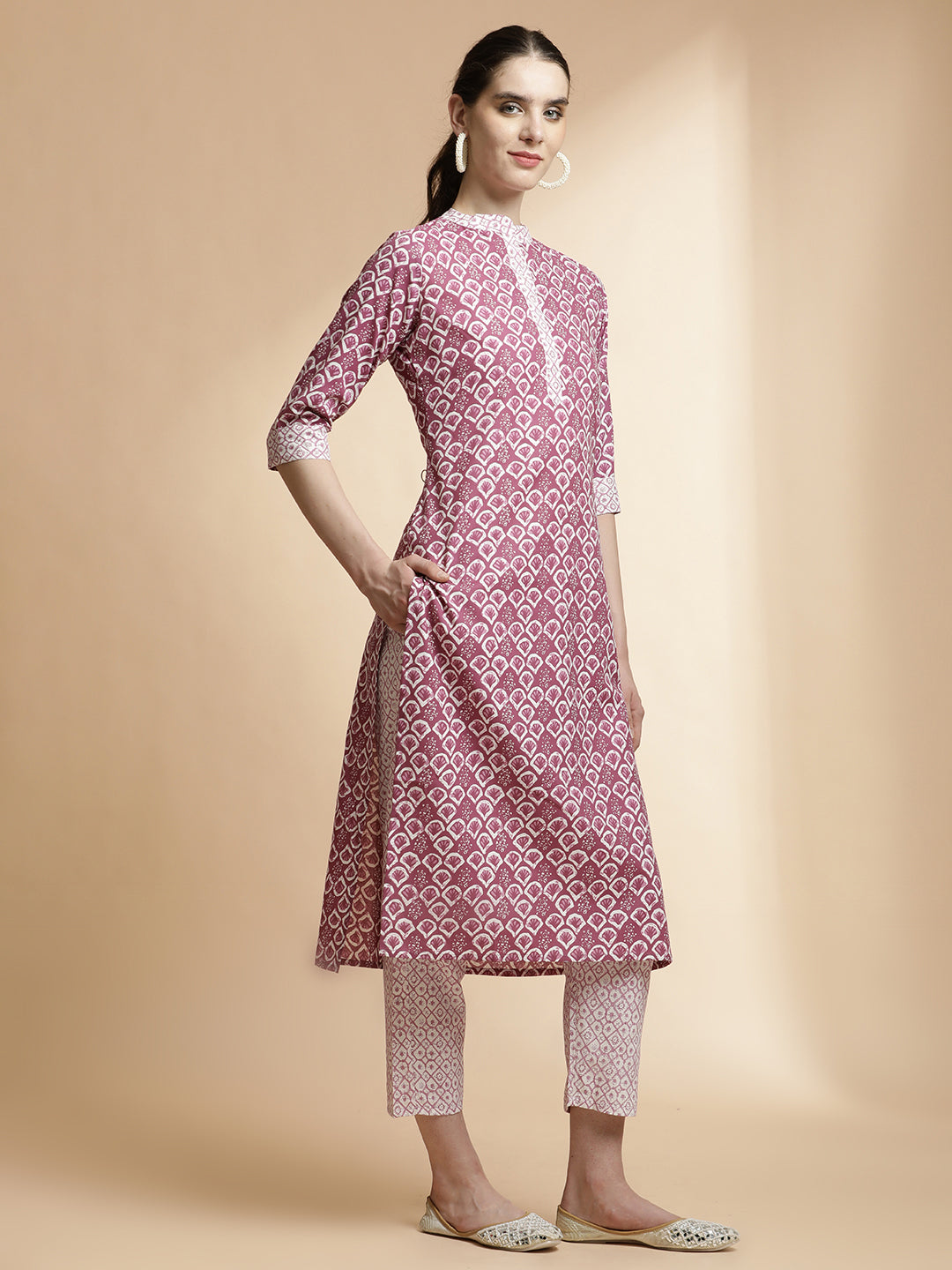 Purple Ethnic Motif Printed Cotton Blend Kurta Set