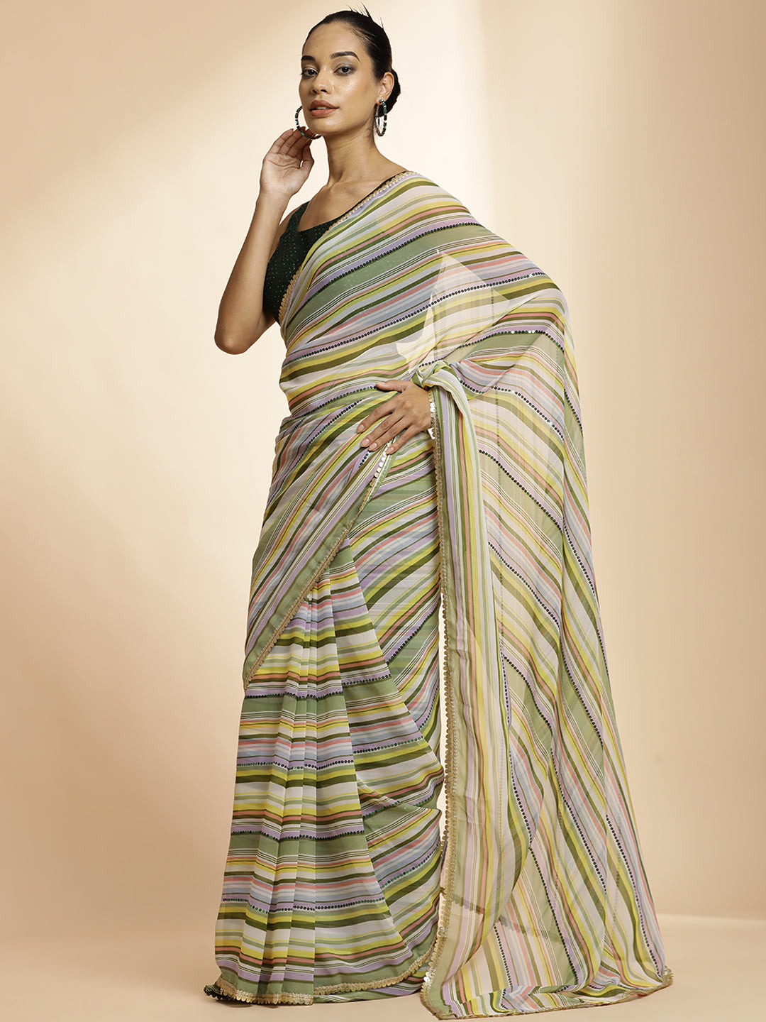 Olive Striped Sequin Embellished Festive Multicolor Saree