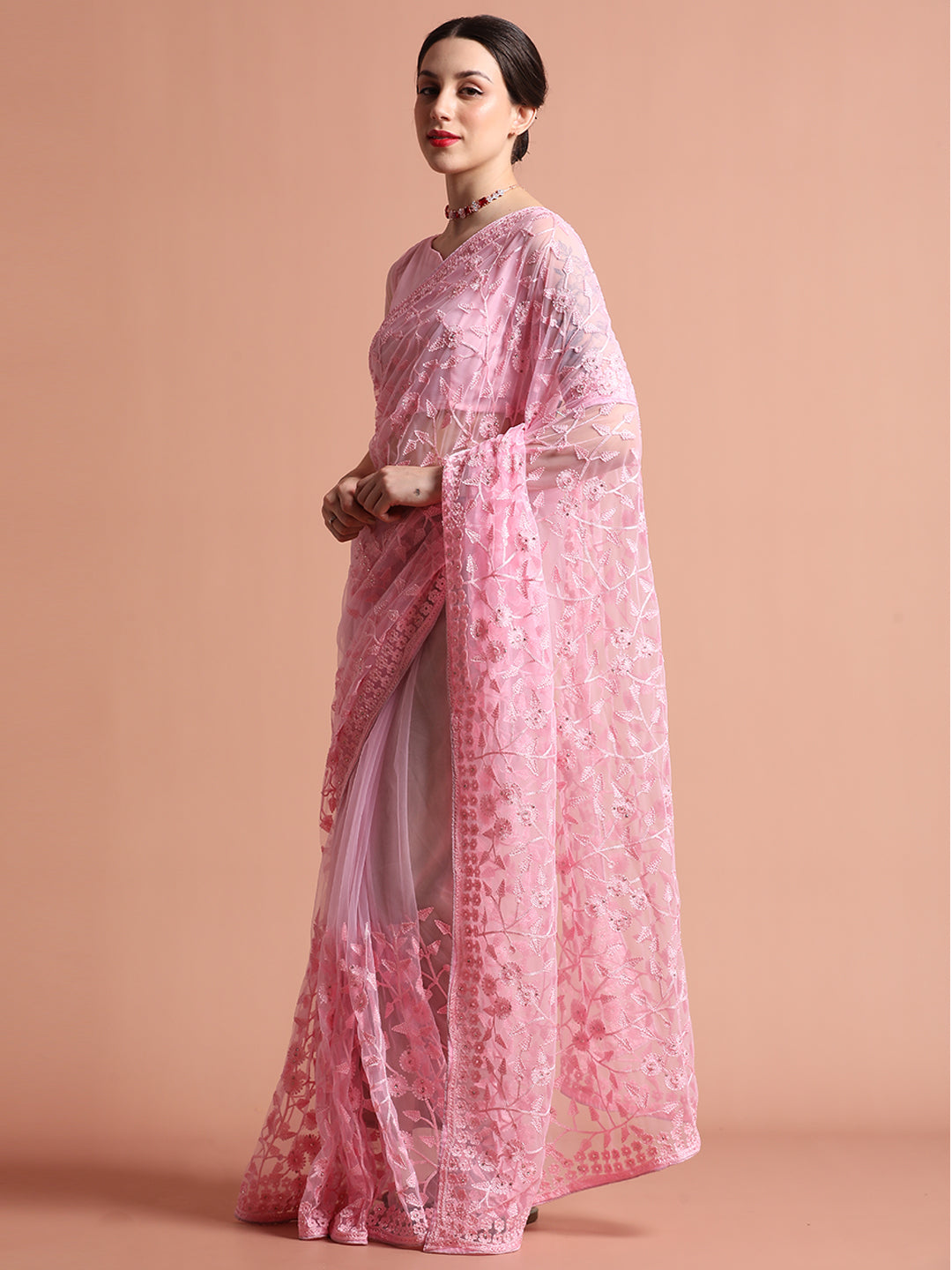 Party Wear Floral Embroidered Net Pink Saree