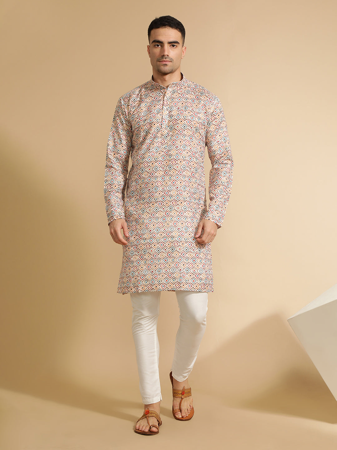 Geometric Printed Beige Cotton Kurta for Men