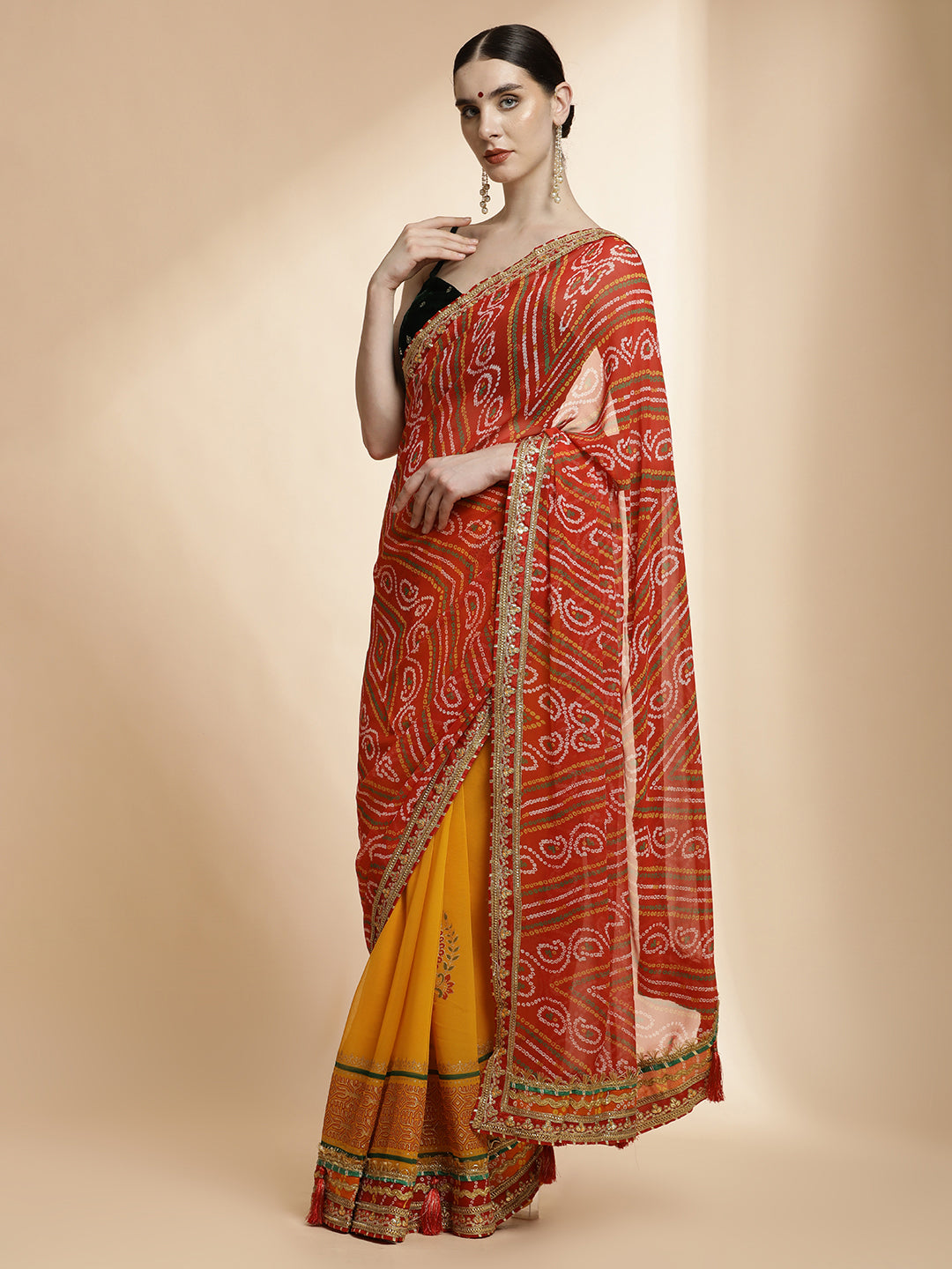 Heavy Embroidered Bandhani Pure Georgette Saree