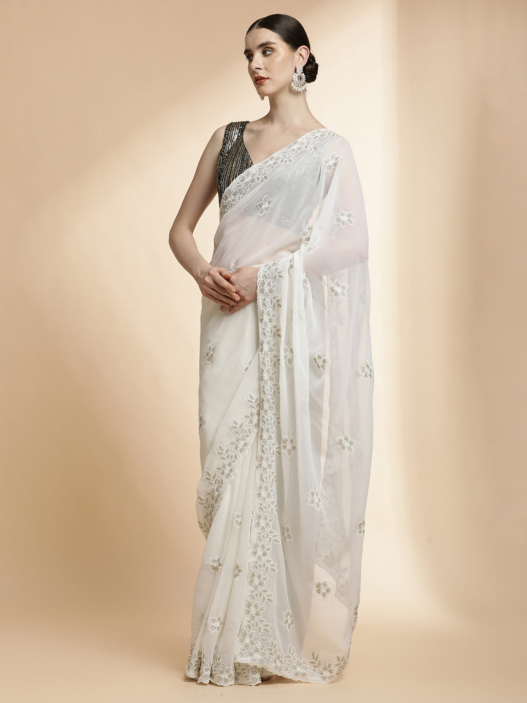 Party Wear Embroidered Pure Georgette White Saree