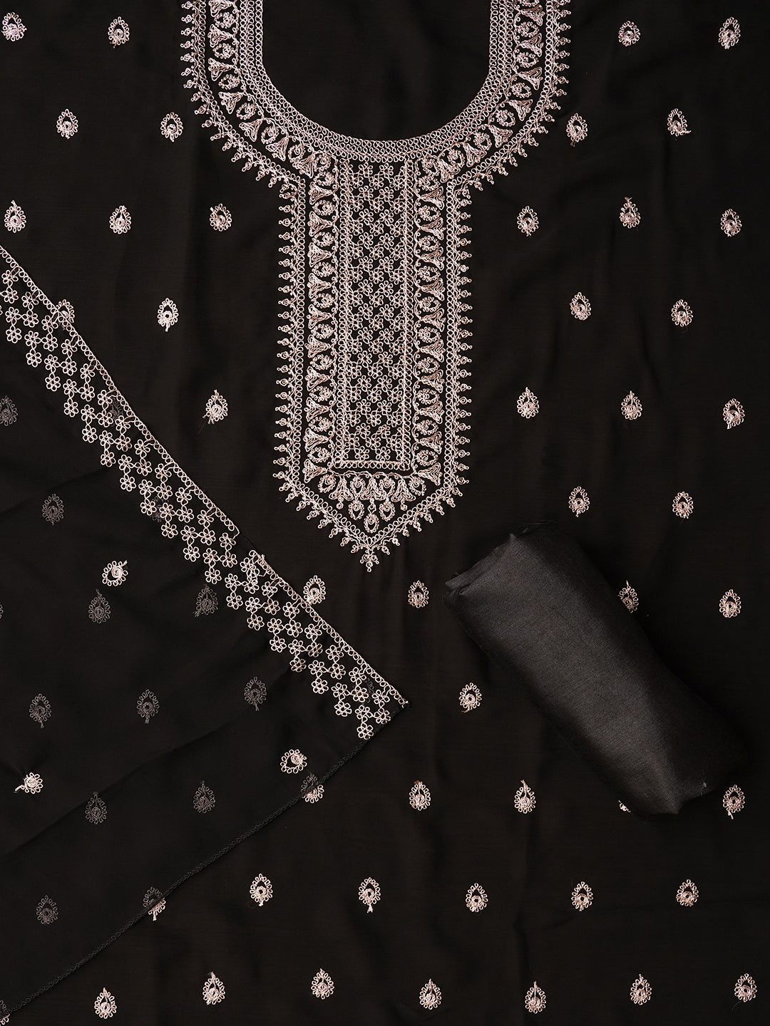 Unstitched Black Embroidered Silk Georgette Dress Material With Dupatta