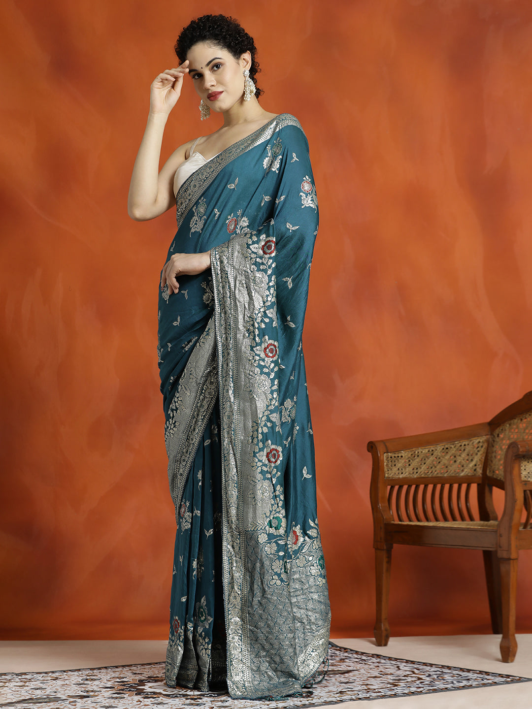 Teal Blue Heavy Banarasi Zari Woven Silk Blend Saree