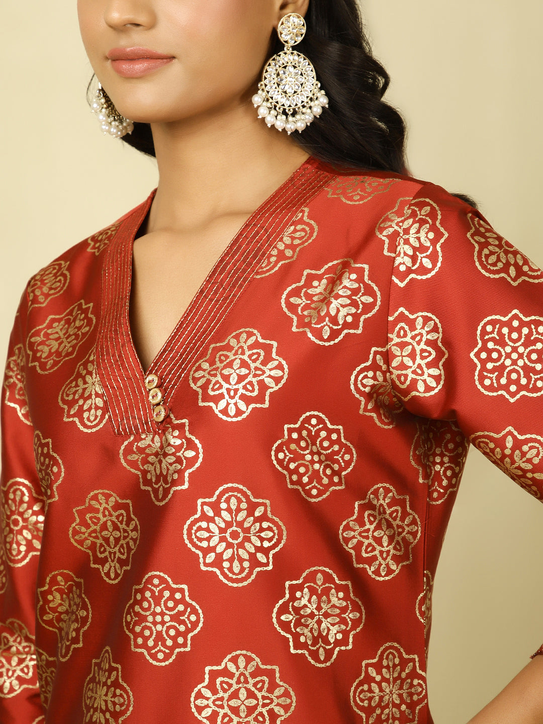 Red Ethnic Printed Straight Kurta