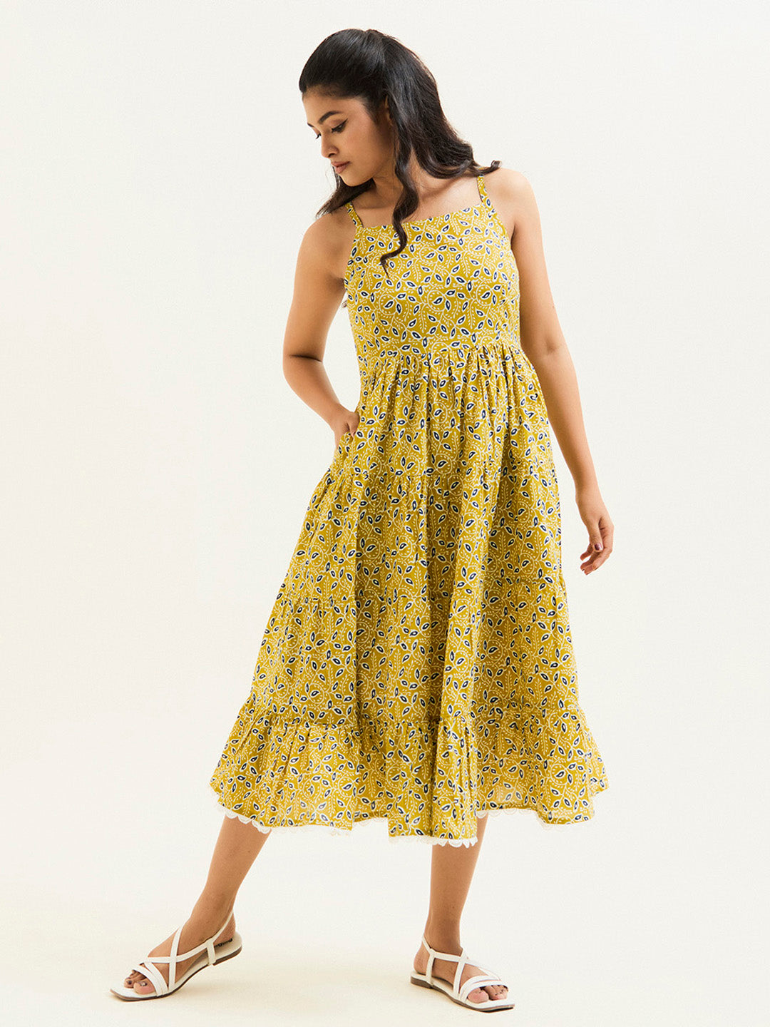 Mustard Ethnic Printed Strappy Dress