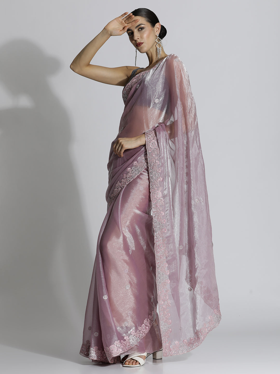 Party Wear Embroidered Tissue Purple Saree