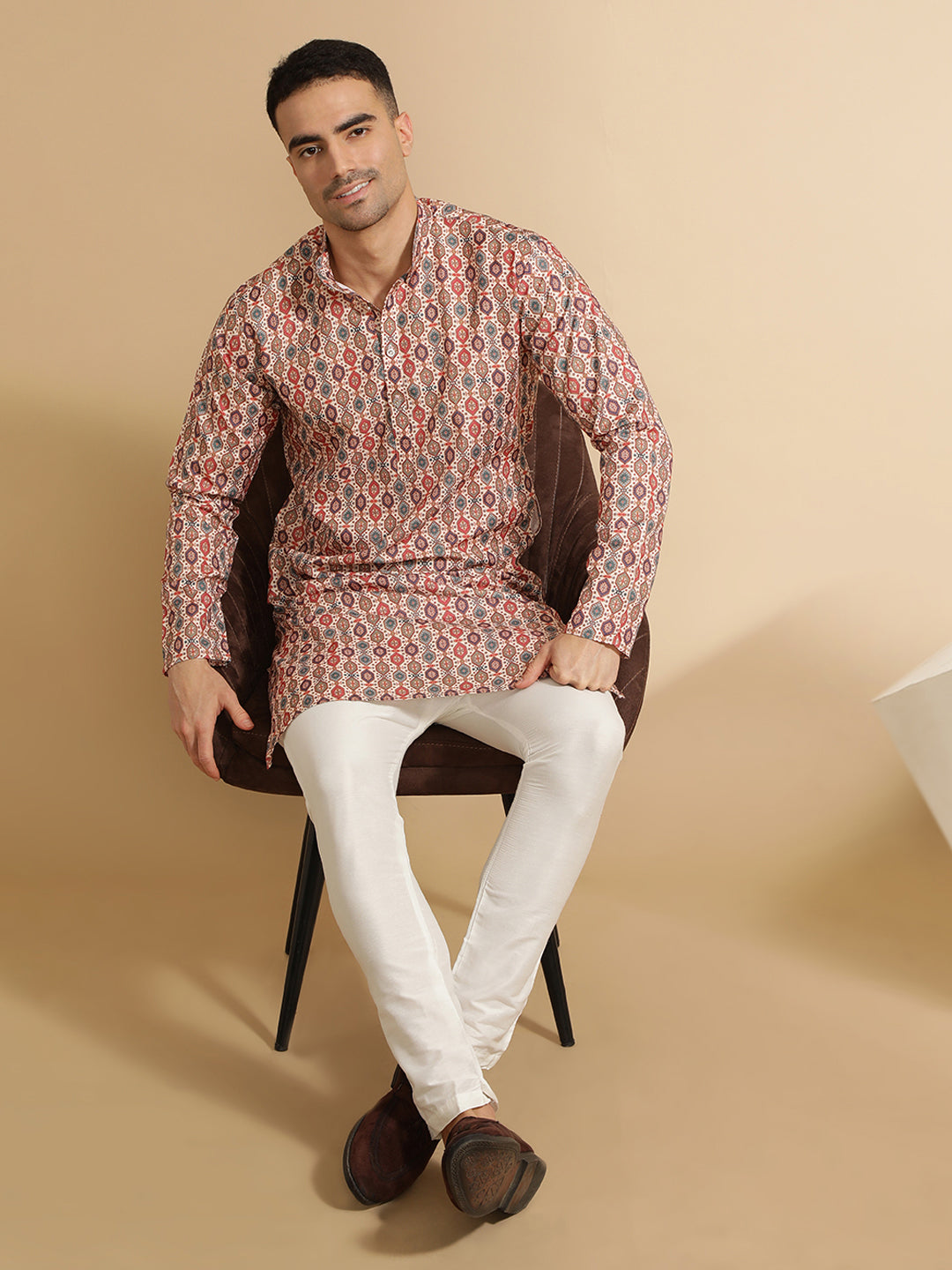 Beige Geometric Printed Cotton Kurta for Men